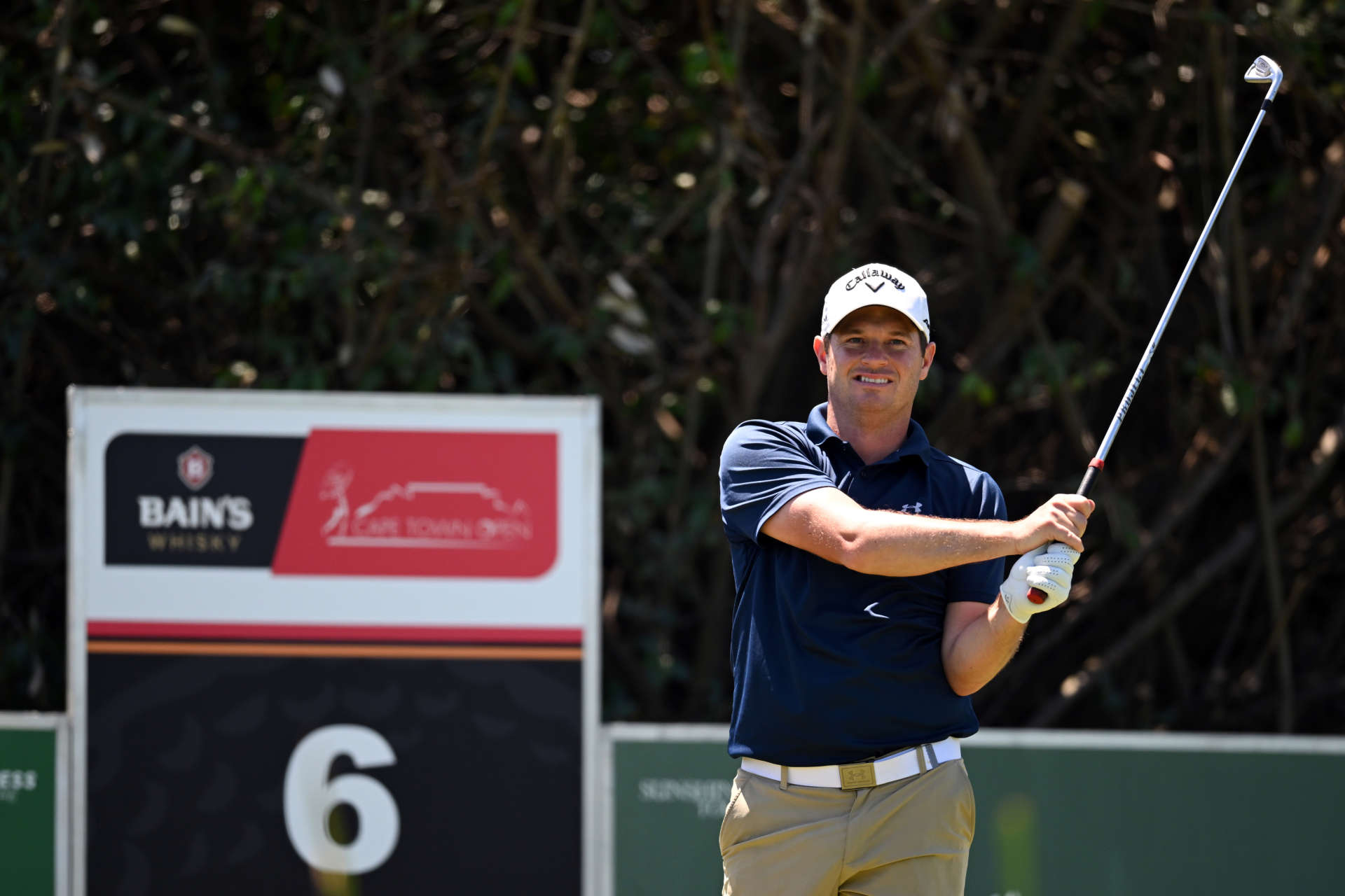 CAPE TOWN, SOUTH AFRICA - FEBRUARY 10: Sam Hutsby of England plays his shot from the sixth tee during day three of the Bain's Whisky Cape Town Open at Royal Cape Golf Club on February 10, 2024 in Cape Town, South Africa. (Photo by Johan Rynners/Getty Images)