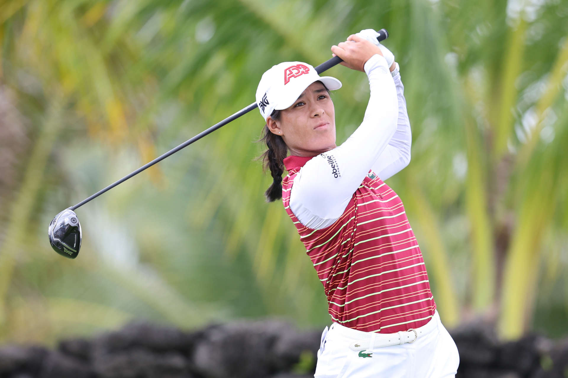 HAINAN ISLAND, CHINA - MARCH 08: Celine Boutier of France hits a tee shot on the 13th hole during the second round of the Blue Bay LPGA at Jian Lake Blue Bay Golf Course on March 08, 2024 in Hainan Island, Hainan. (Photo by Zhizhao Wu/Getty Images)