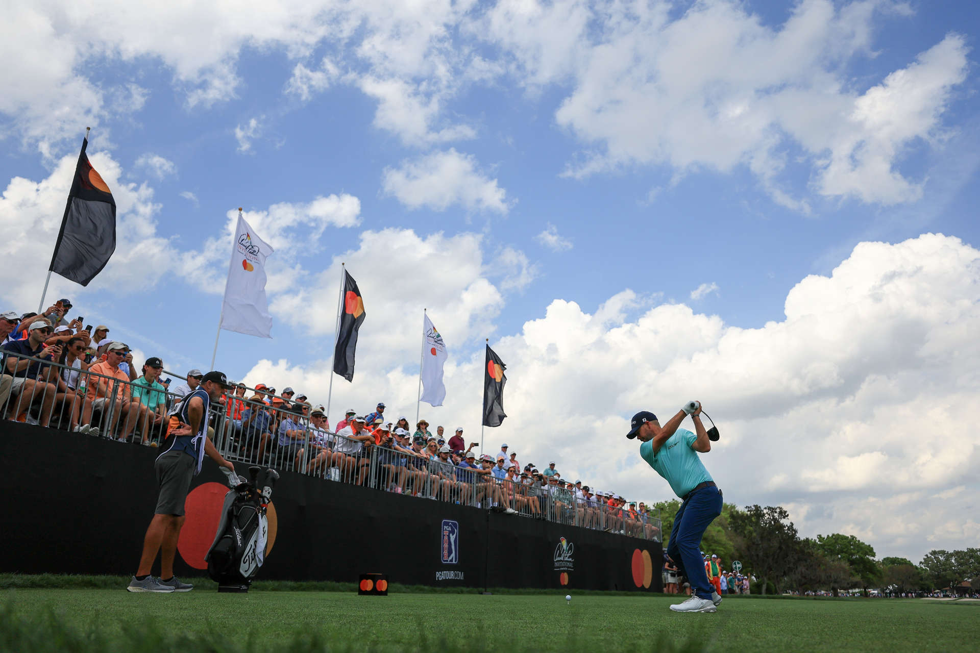 ORLANDO, FLORIDA - MARCH 09: Brian Harman of the United States hits a tee shot on the first hole during the third round of the Arnold Palmer Invitational presented by Mastercard at Arnold Palmer Bay Hill Golf Course on March 09, 2024 in Orlando, Florida. (Photo by Mike Ehrmann/Getty Images)