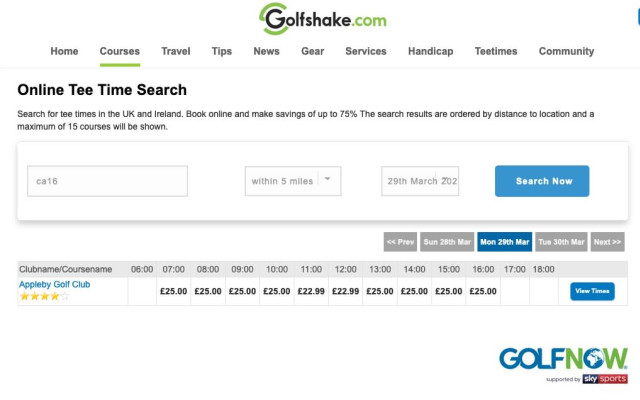Golfshake Online Tee Times