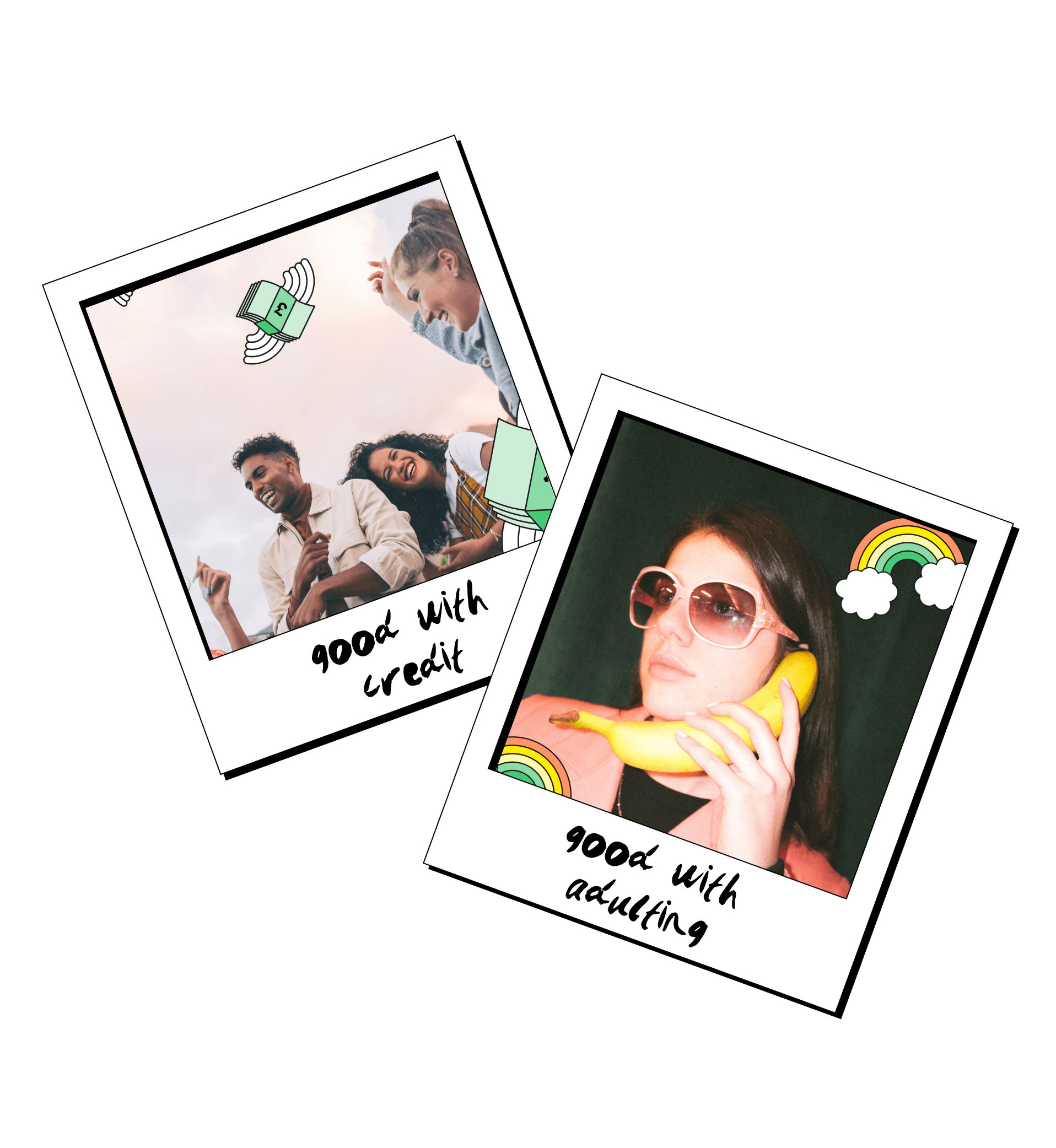 polaroid pictures of people feeling good with money