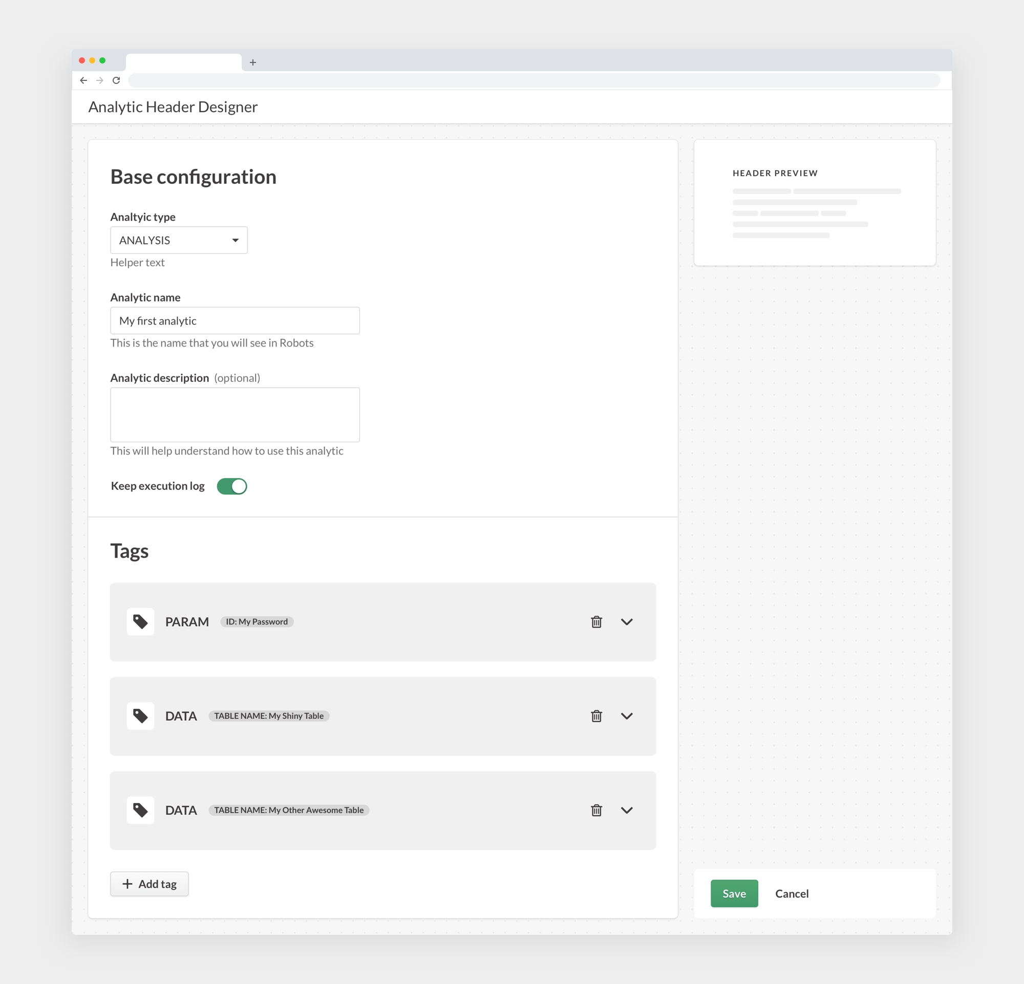 Analytic Header Designer base configuration