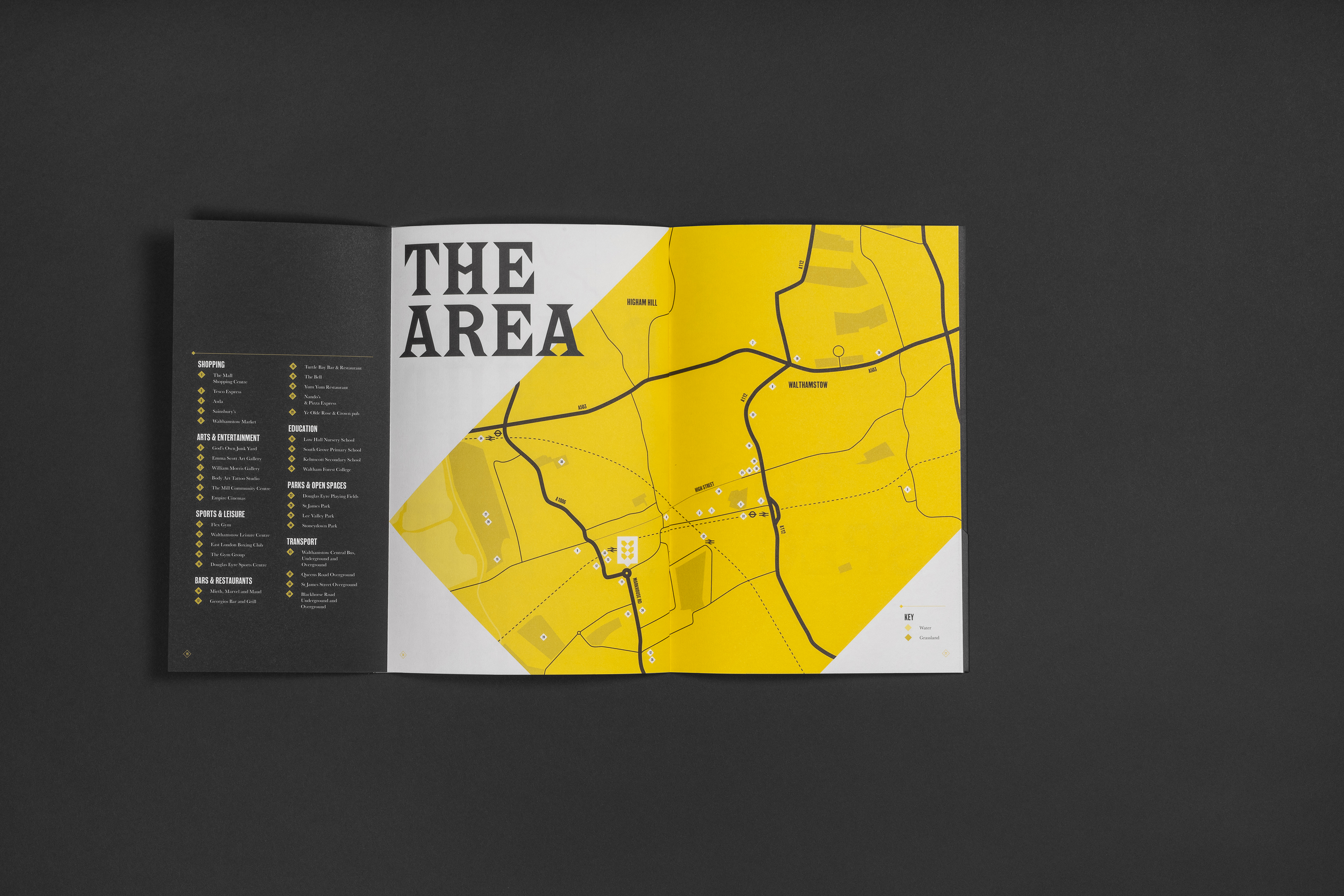 Essex brewery brochure layout design showcasing the area map and fold-out panel