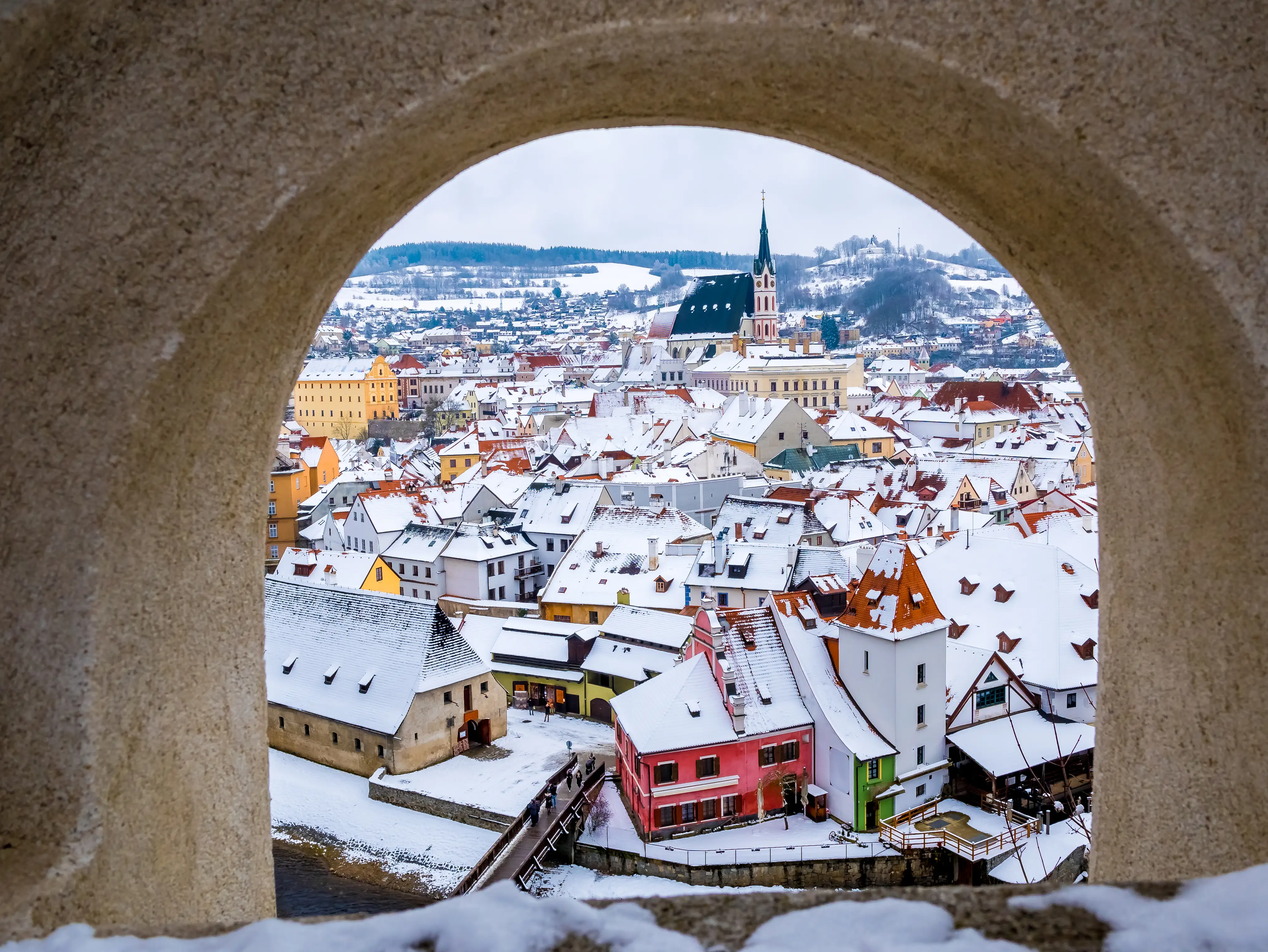 Viewpoint of Snowcapped Roofs in Cesky Krumlov