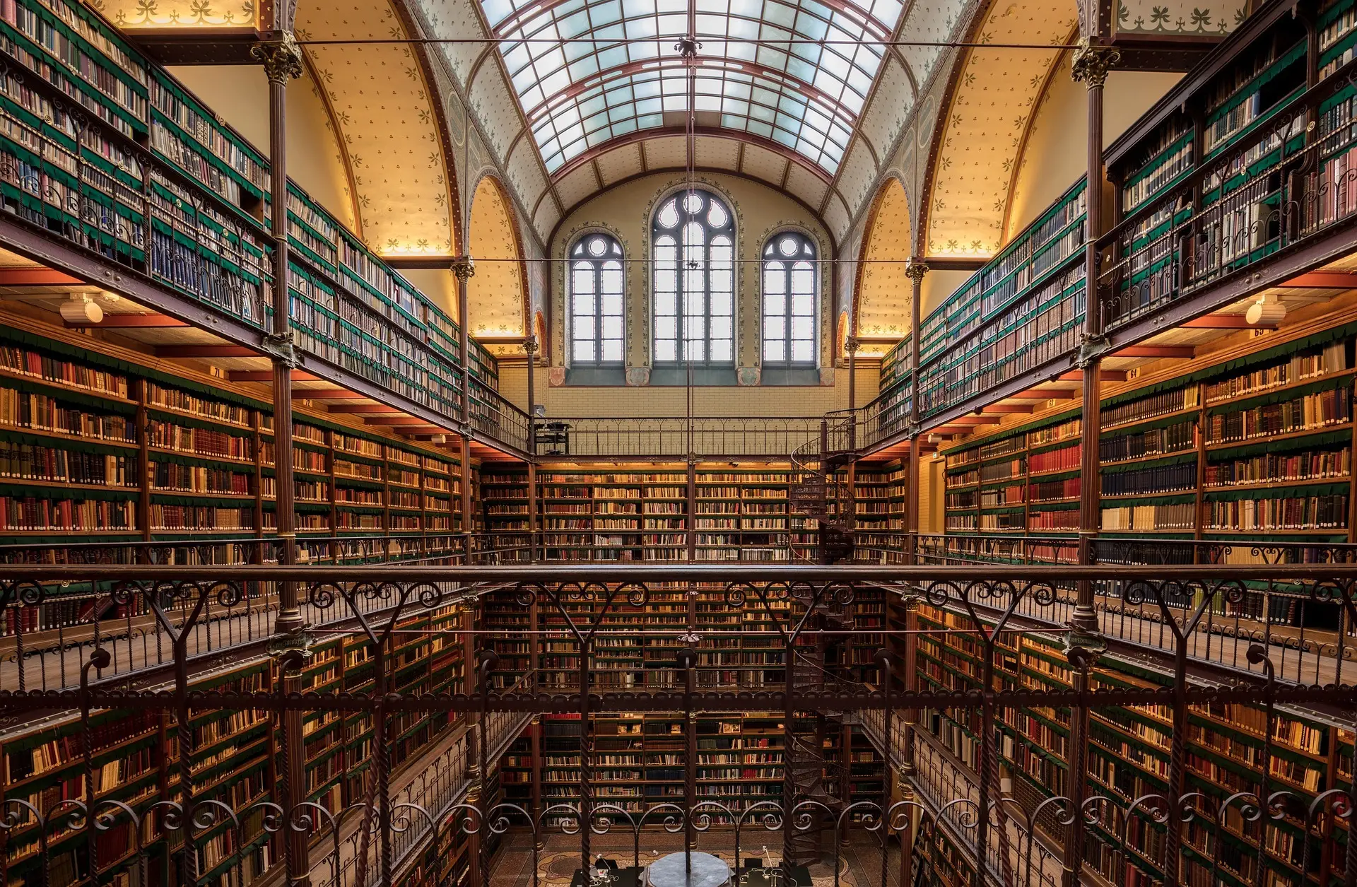 A Multi-Storied Library Lined with Bookshelves at the Rjiksmuseum