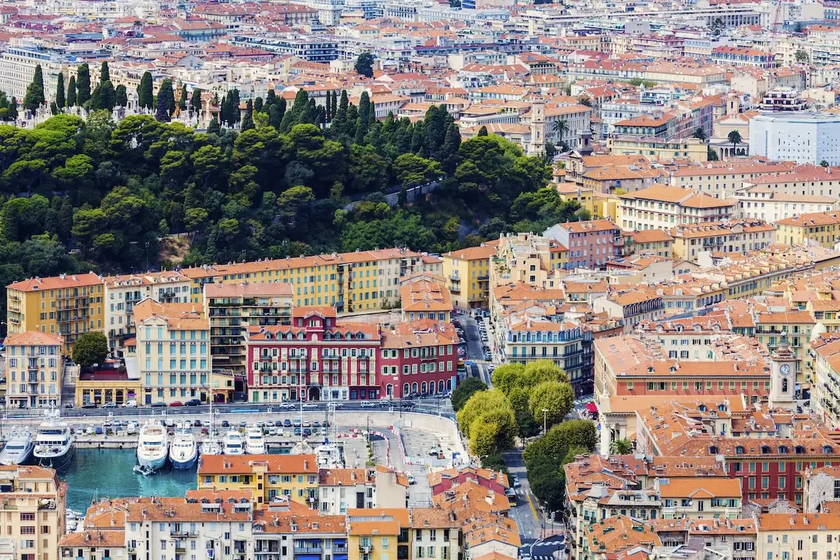 View of Castle Hill and buildings around Nice harbor
