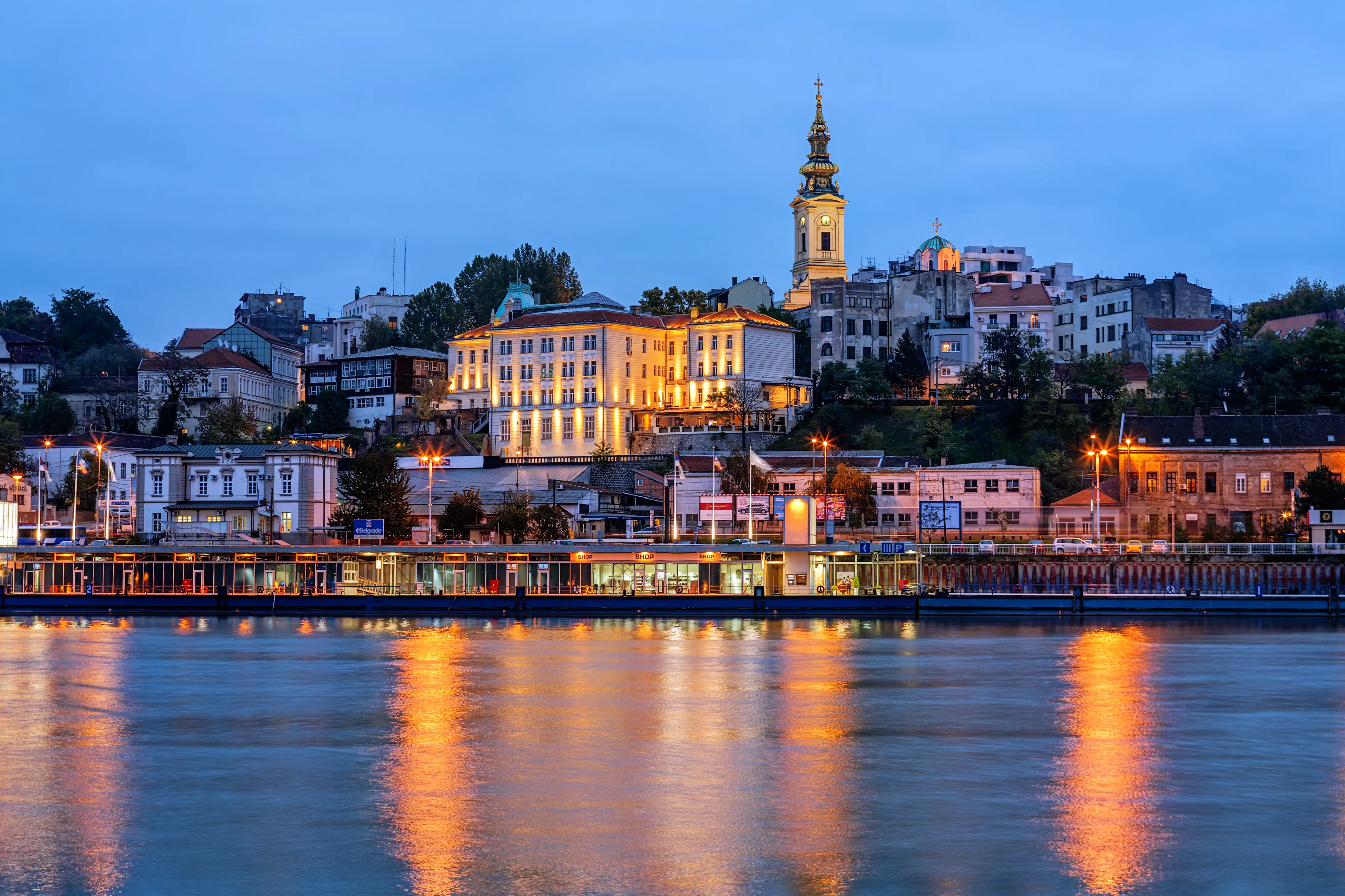 Shores of the Danube River in Evening in Belgrade  