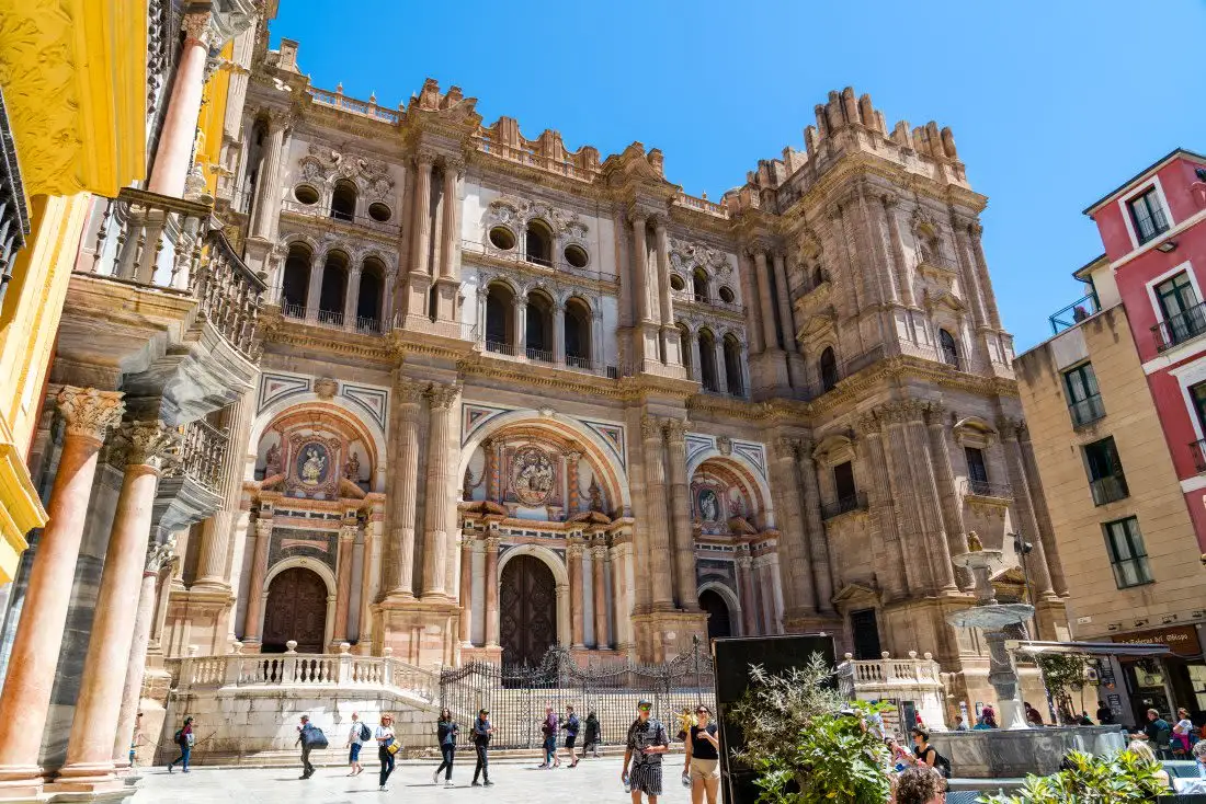 Malaga cathedral front from ground