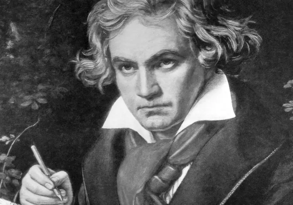 A black and white portrait of Beethoven