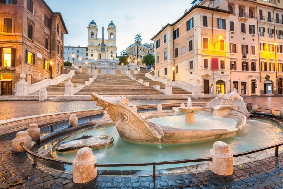 The Barcaccia Fountain and the Spanish Steps in the background