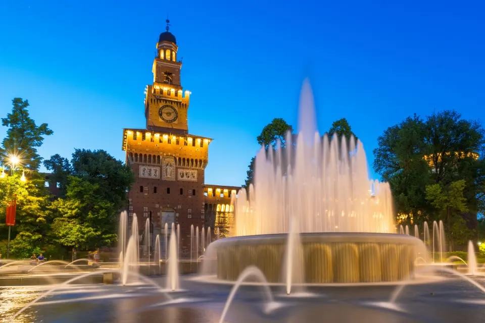 Fountain in front of Sforzesco Castle in Milan