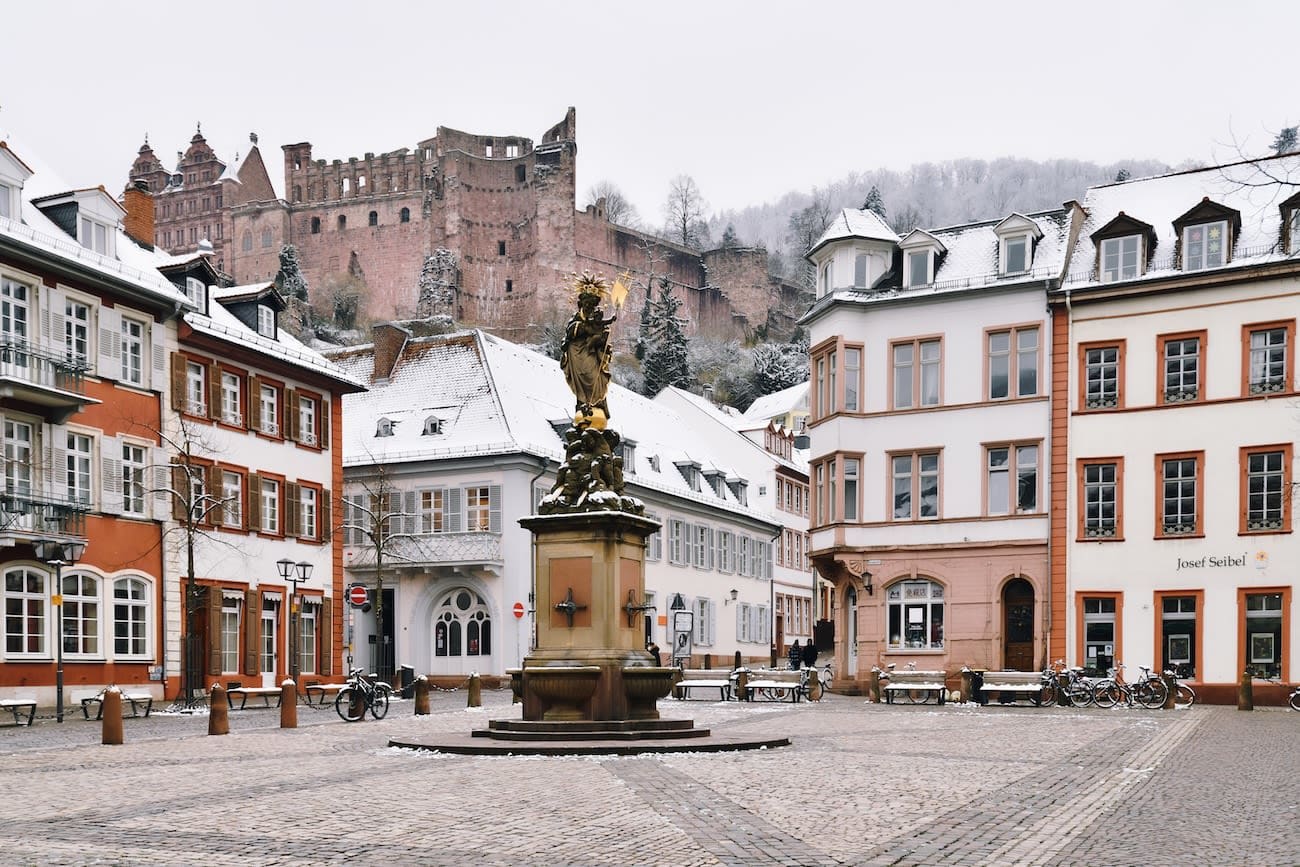The Kornmarkt in Heidelberg under a dusting of snow