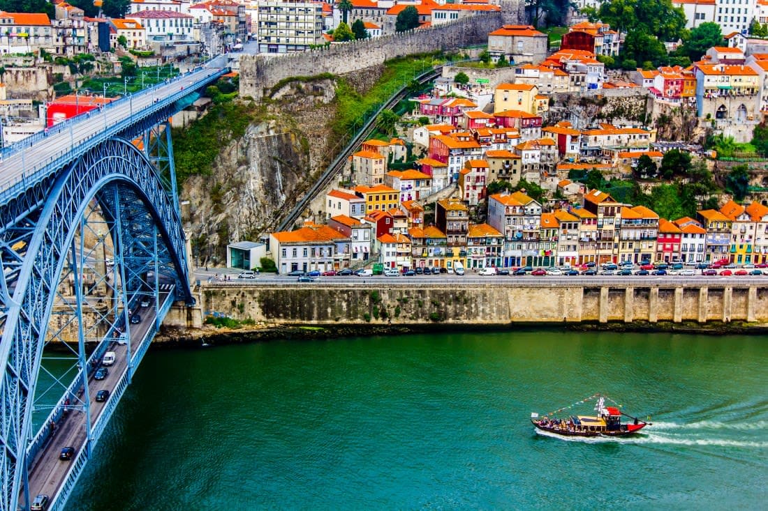 porto bridge and river aerial closeup