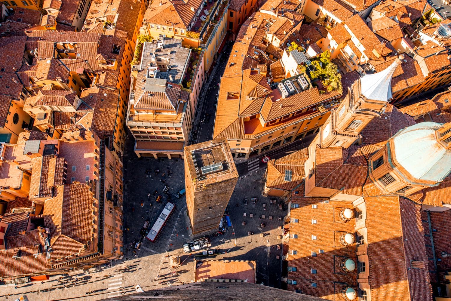 Aerial cityscape view from the tower on Bologna