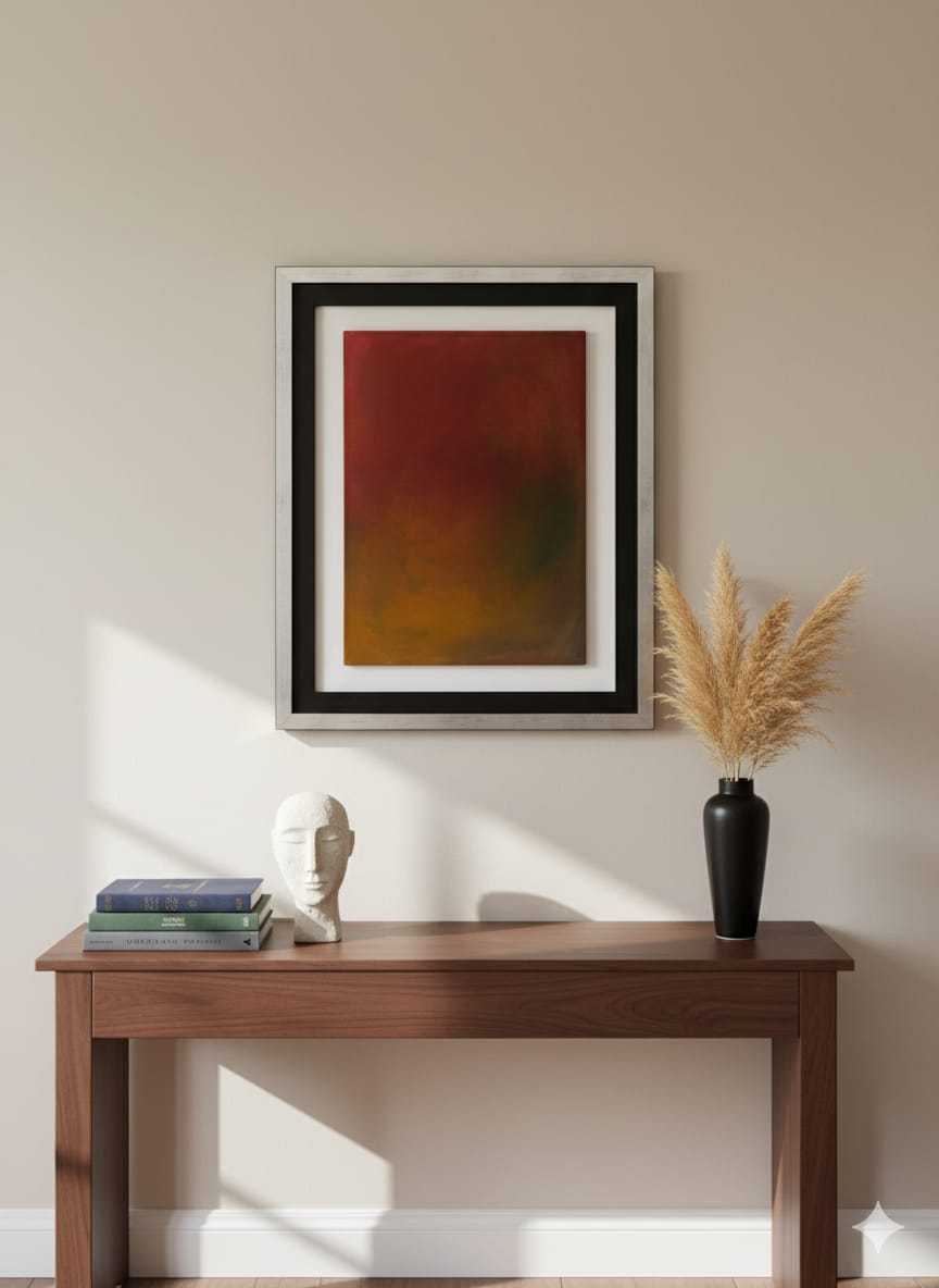 Pintura abstracta con tonos rojos, dorados y ocres que evocan el ocaso, obra de Jenn Concha