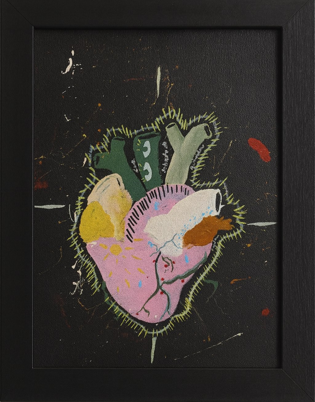 Pintura de un corazón colorido que germina sobre fondo oscuro, obra de Jenn Concha