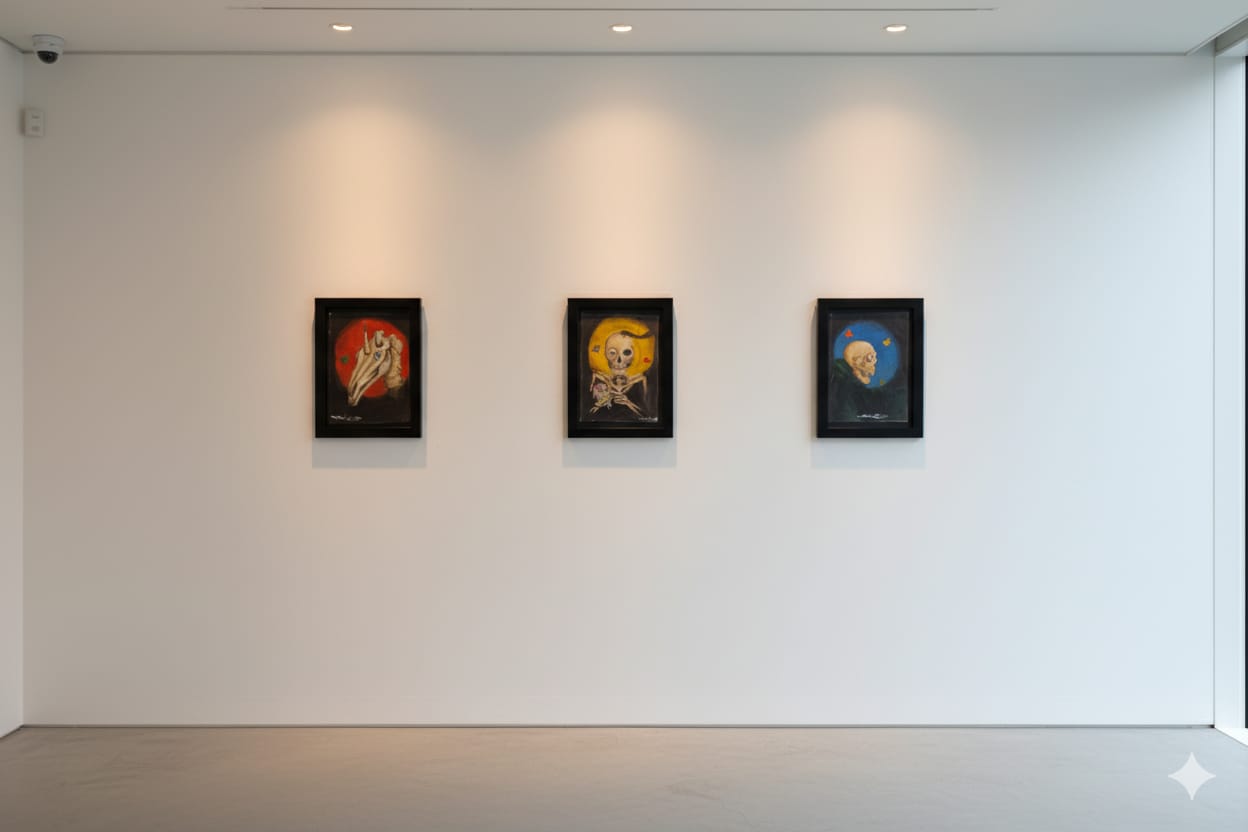 tríptico de tres figuras esqueléticas en tonos cálidos y fríos, obra de Nicolás Balaguera