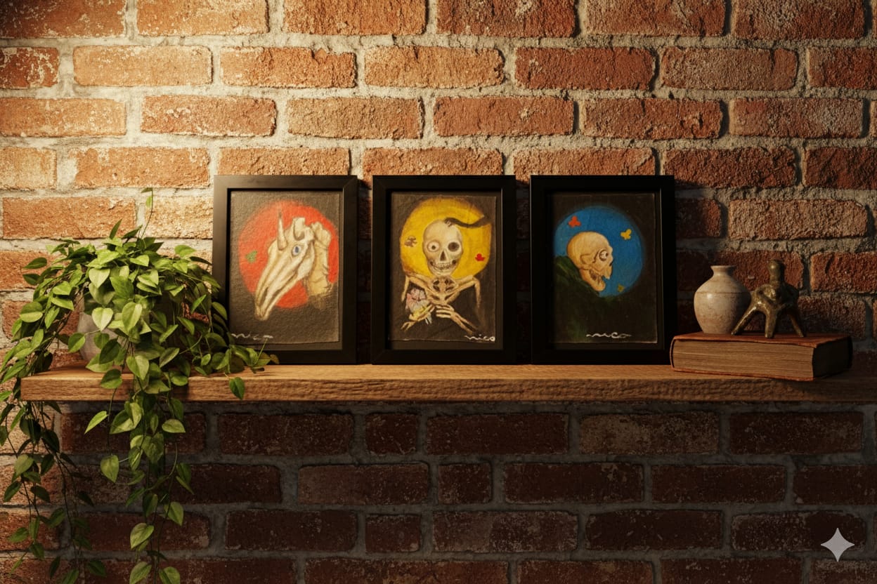 tríptico de tres figuras esqueléticas en tonos cálidos y frí­os, obra de Nicolás Balaguera