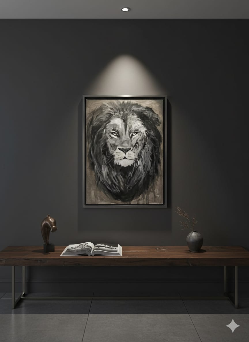 Pintura en blanco y negro de un león de mirada serena, obra de Jenn Concha