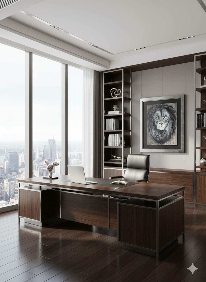 Pintura en blanco y negro de un león de mirada serena, obra de Jenn Concha