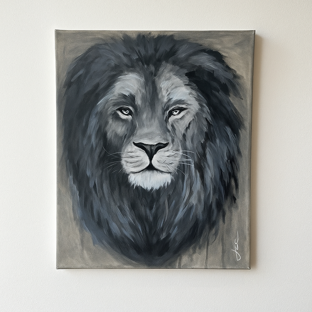 Pintura en blanco y negro de un león de mirada serena, obra de Jenn Concha