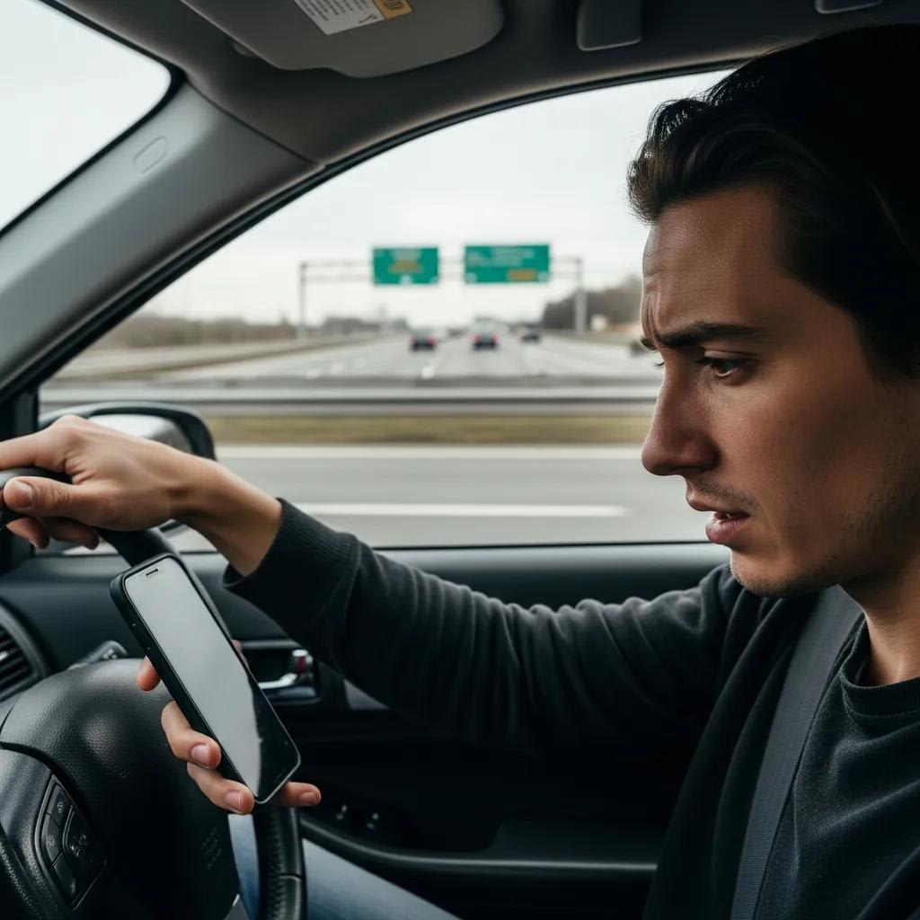 Distracted driver using smartphone while driving, highlighting the risks of distracted driving