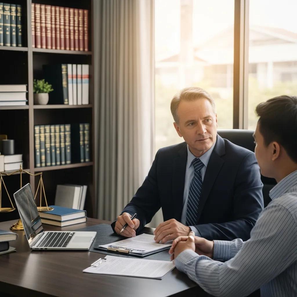 Lawyer consulting with a client in a professional office setting