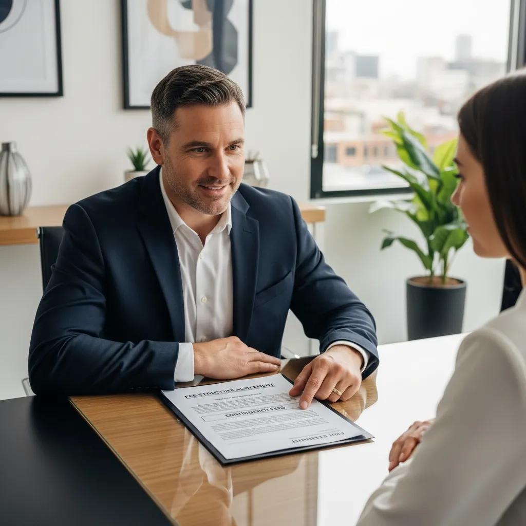 Lawyer explaining contingency fee structure to a client in a modern office