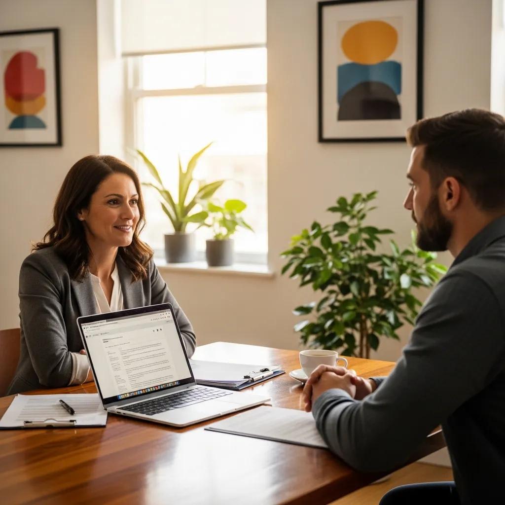 Personal injury lawyer consulting with a client in a modern office, showcasing professionalism and trust
