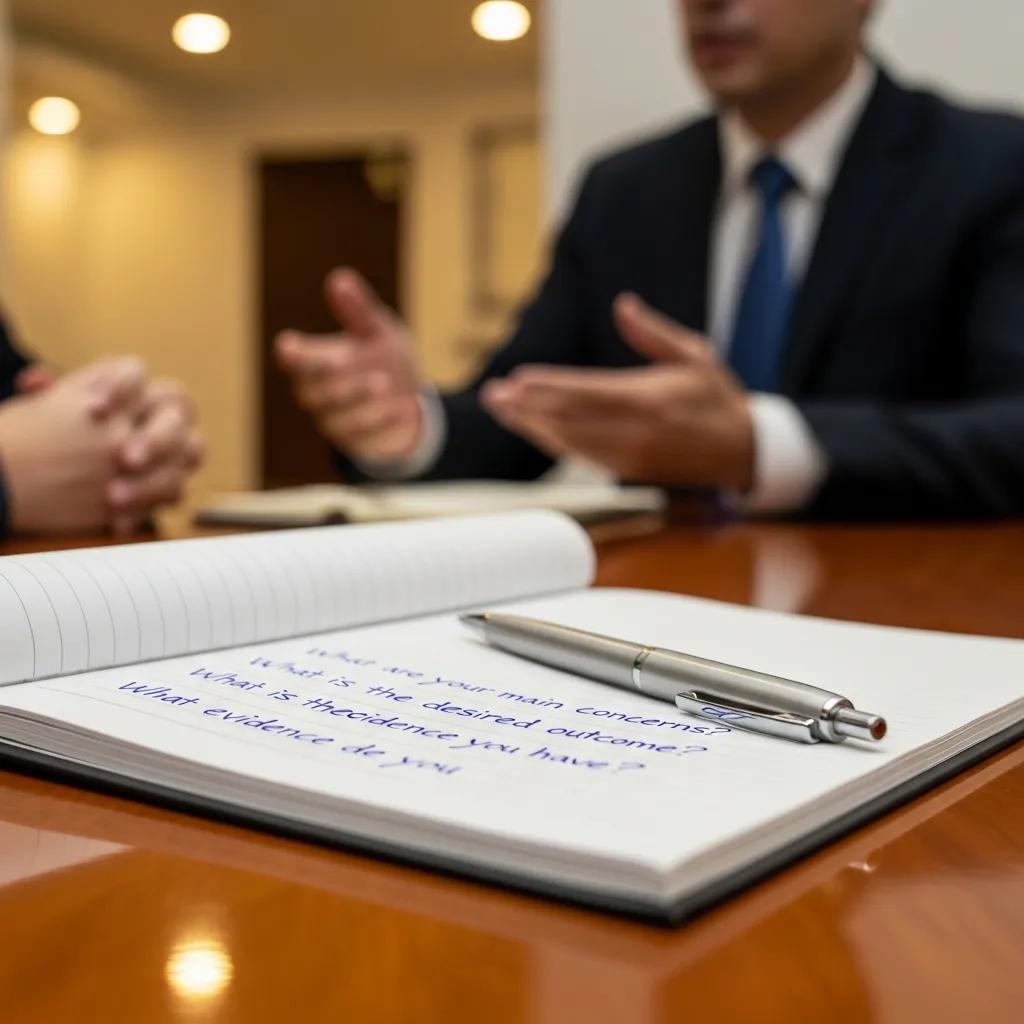 Notepad with consultation questions during a meeting with a slip and fall attorney