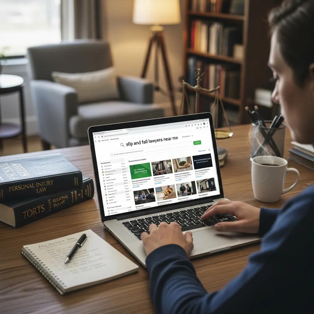 Person searching for local slip and fall lawyers on a laptop in a home office
