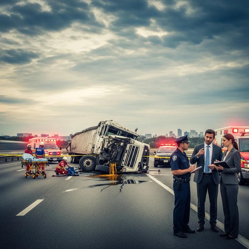 Truck accident scene with emergency responders and a lawyer discussing legal representation