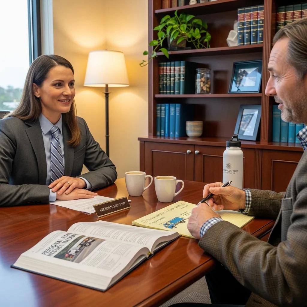 Lawyer consulting with a client about truck accident case questions in a professional setting