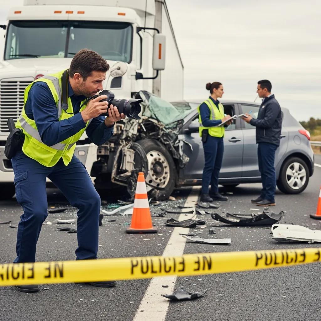 Person documenting evidence at a truck accident scene, emphasizing the importance of evidence collection
