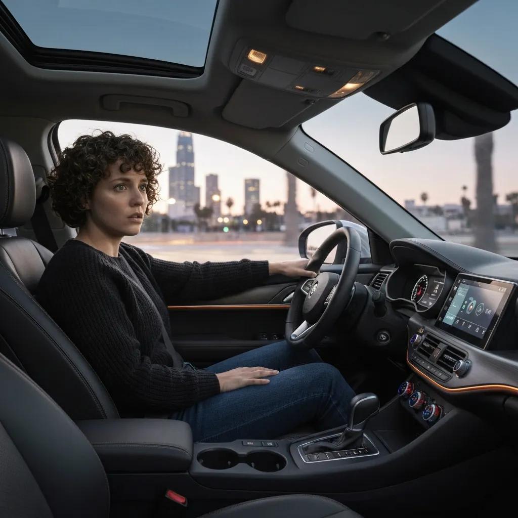 Rideshare vehicle interior with a concerned passenger in Los Angeles, emphasizing safety and urgency