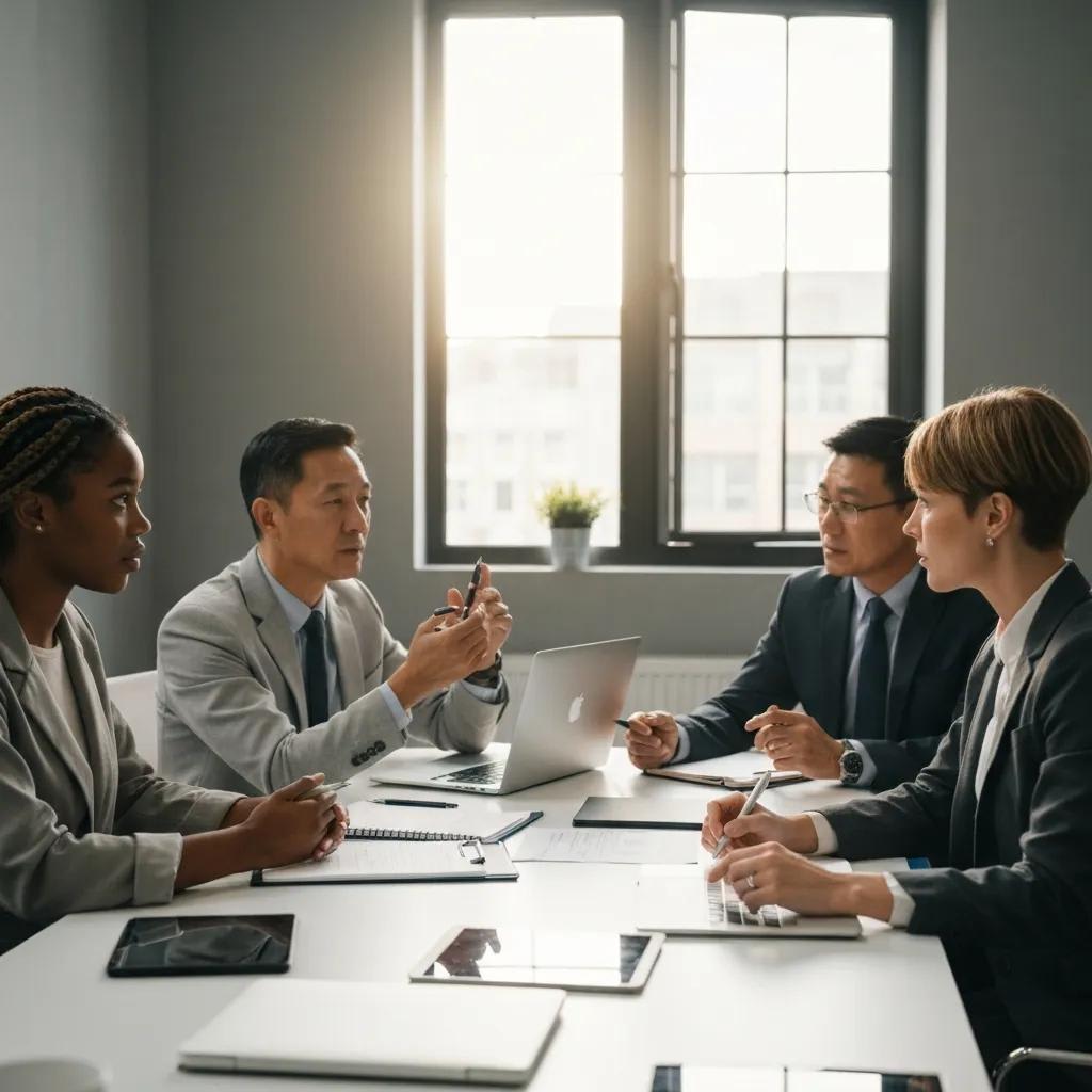 Group of diverse individuals discussing personal injury claims in a modern office