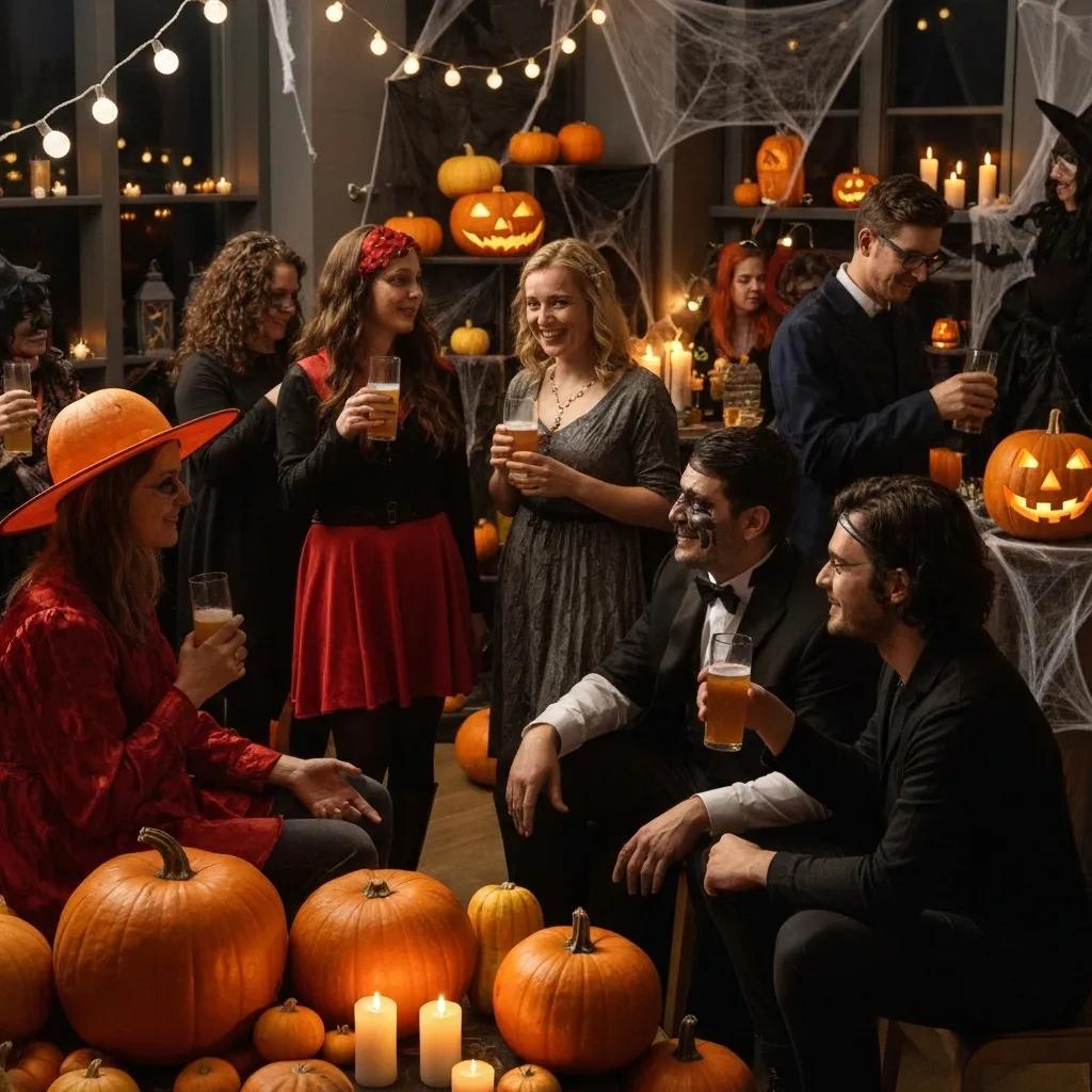 Halloween party scene with guests in costumes enjoying non-alcoholic drinks, promoting safe celebrations