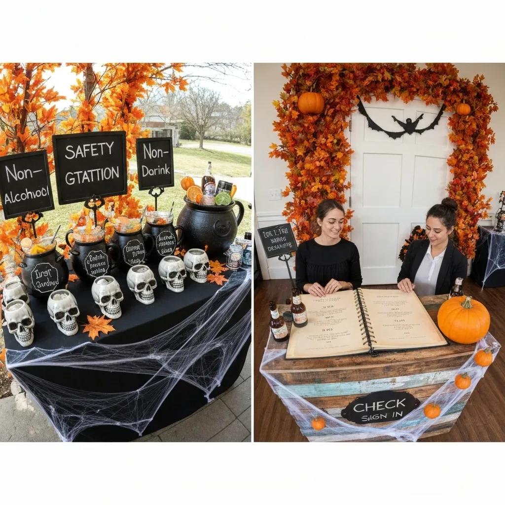 Halloween party safety station with non-alcoholic drinks and guest check-in area, promoting responsible hosting