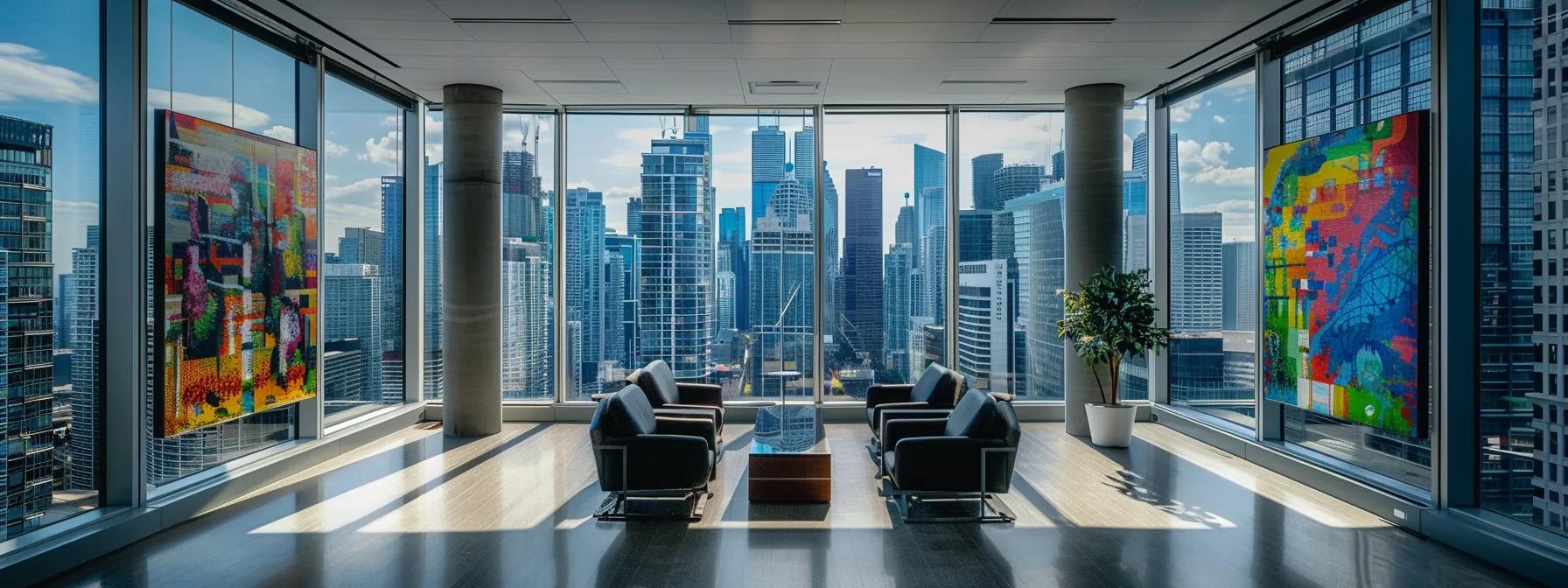 a sleek, modern office space with large glass windows showcasing a panoramic city skyline, accentuated by vibrant artwork on the walls and contemporary furnishings that evoke a sense of innovation and collaboration.