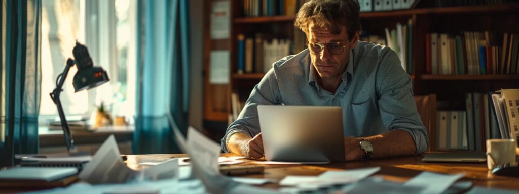 an intense and focused office setting captures a legal expert discussing a complex case on a laptop, surrounded by documents and accident reports, exemplifying the meticulous navigation of the legal process following a dui injury accident.