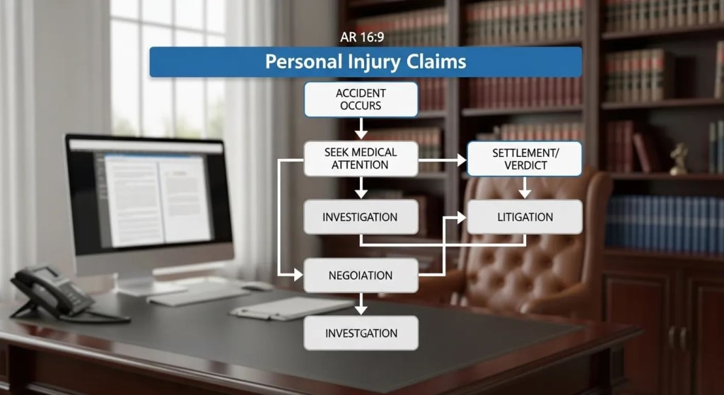 Flowchart illustrating the personal injury claim process stages in a professional office setting