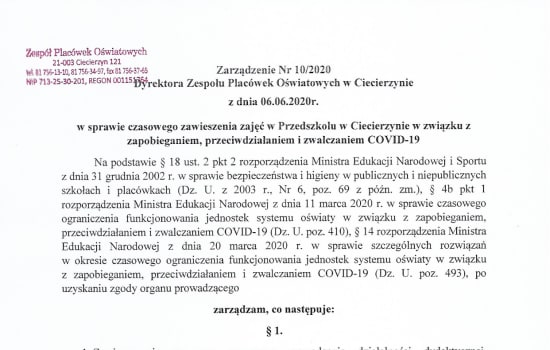 Zarządzenie dyrektora szkoły w sprawie zawieszenia zajęć w Przedszkolu w Ciecierzynie