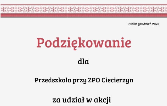 PODZIĘKOWANIE ZA UDZIAŁ NASZEGO PRZEDSZKOLA W AKCJI ,,LIST DO ŚW. MIKOŁAJA DPS, LUBLIN”