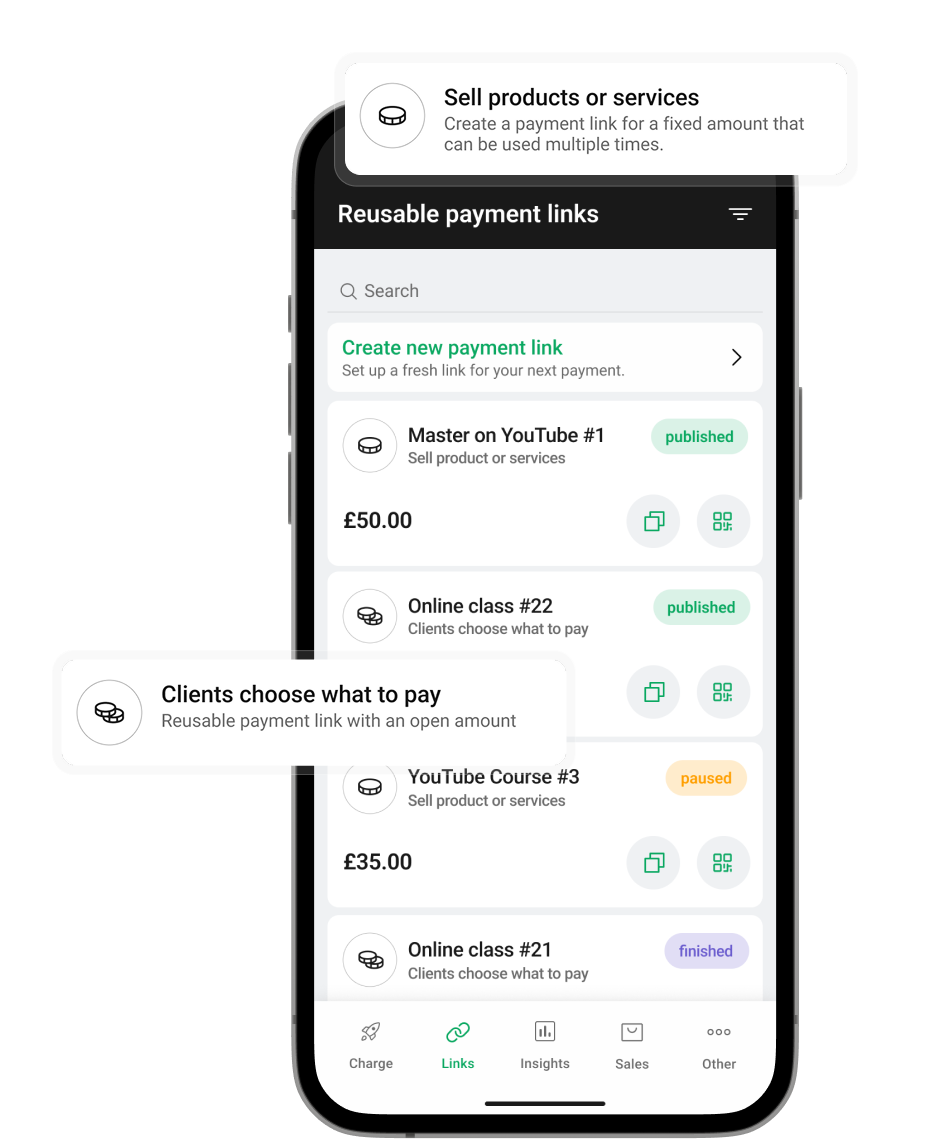 <span class="green-text">Create payment links</span> for business. Get paid worldwide.