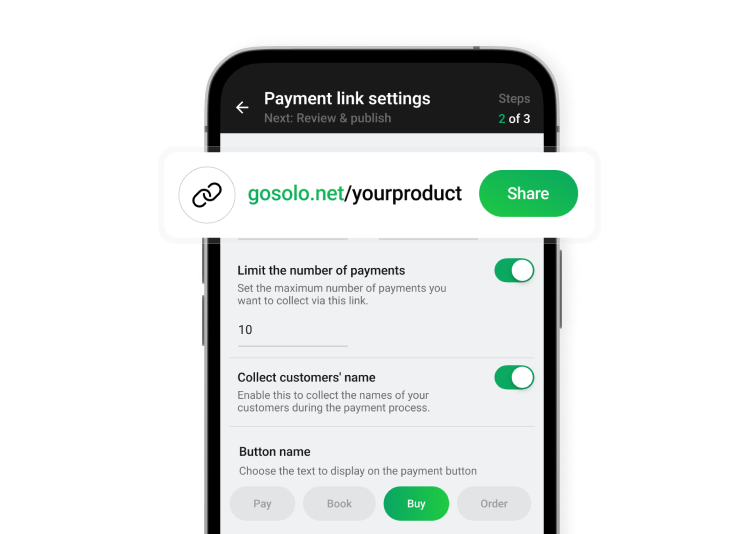 Share single-use payment links for one-off sales or reusable links for product or service catalogues.