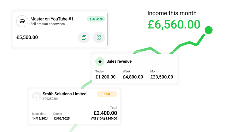 Send invoices, get paid via payment links and track your finances on sales dashboard.