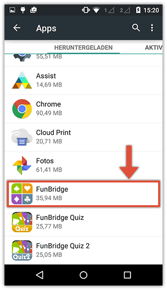Funbridge-App aus der Anwendungsliste in Android auswählen