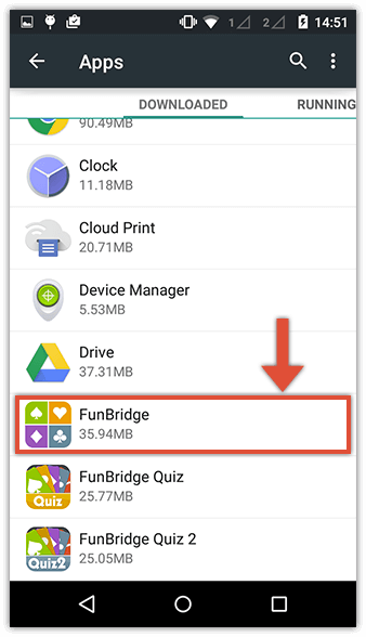 Select Funbridge app from the apps list in Android