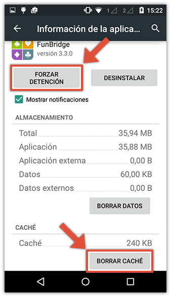 Botón Forzar detención en configuración de app Android