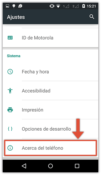 Menú Sobre el dispositivo en configuración Android